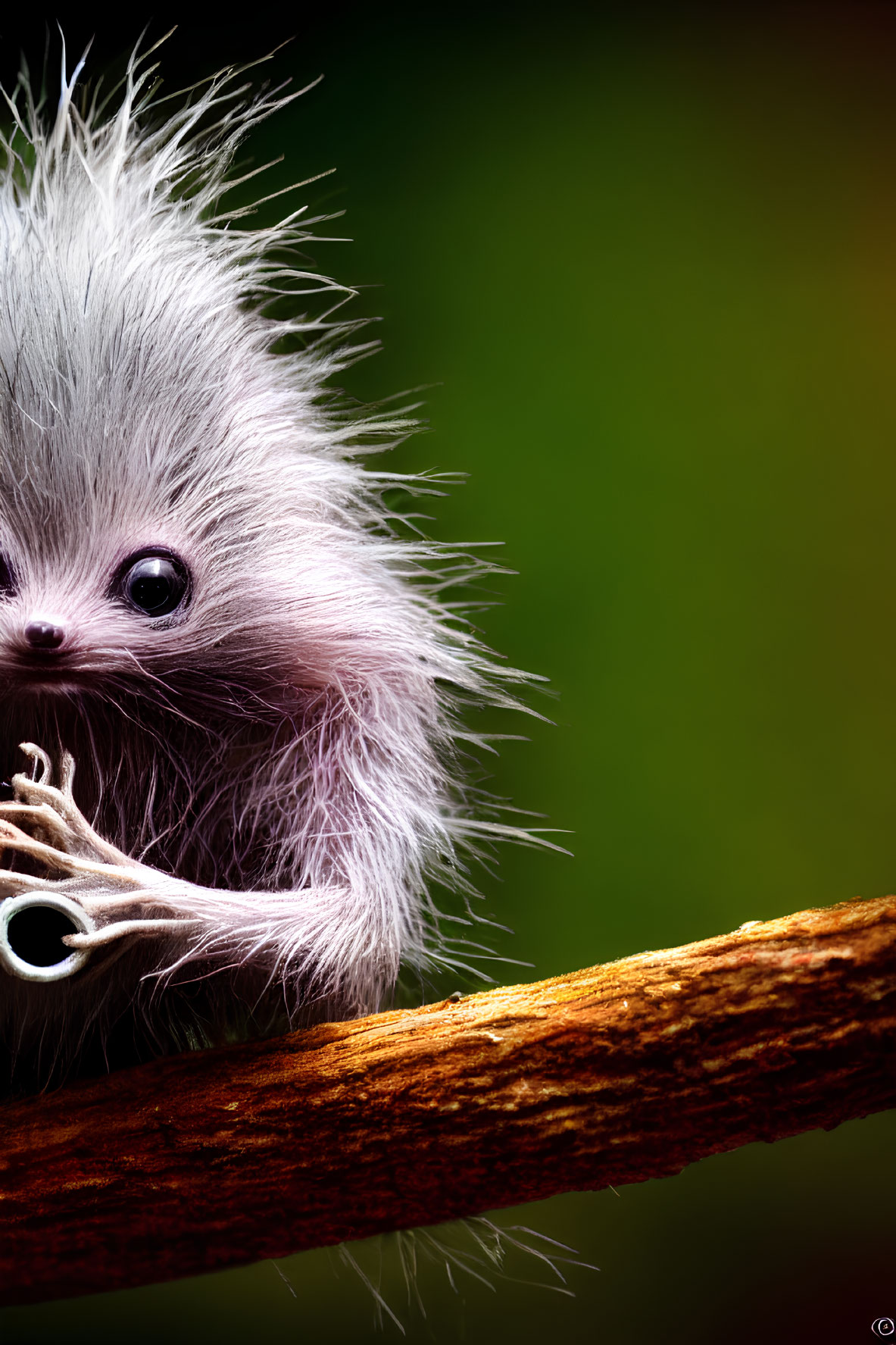 Fluffy Gray Fantastical Creature on Brown Branch Green Background