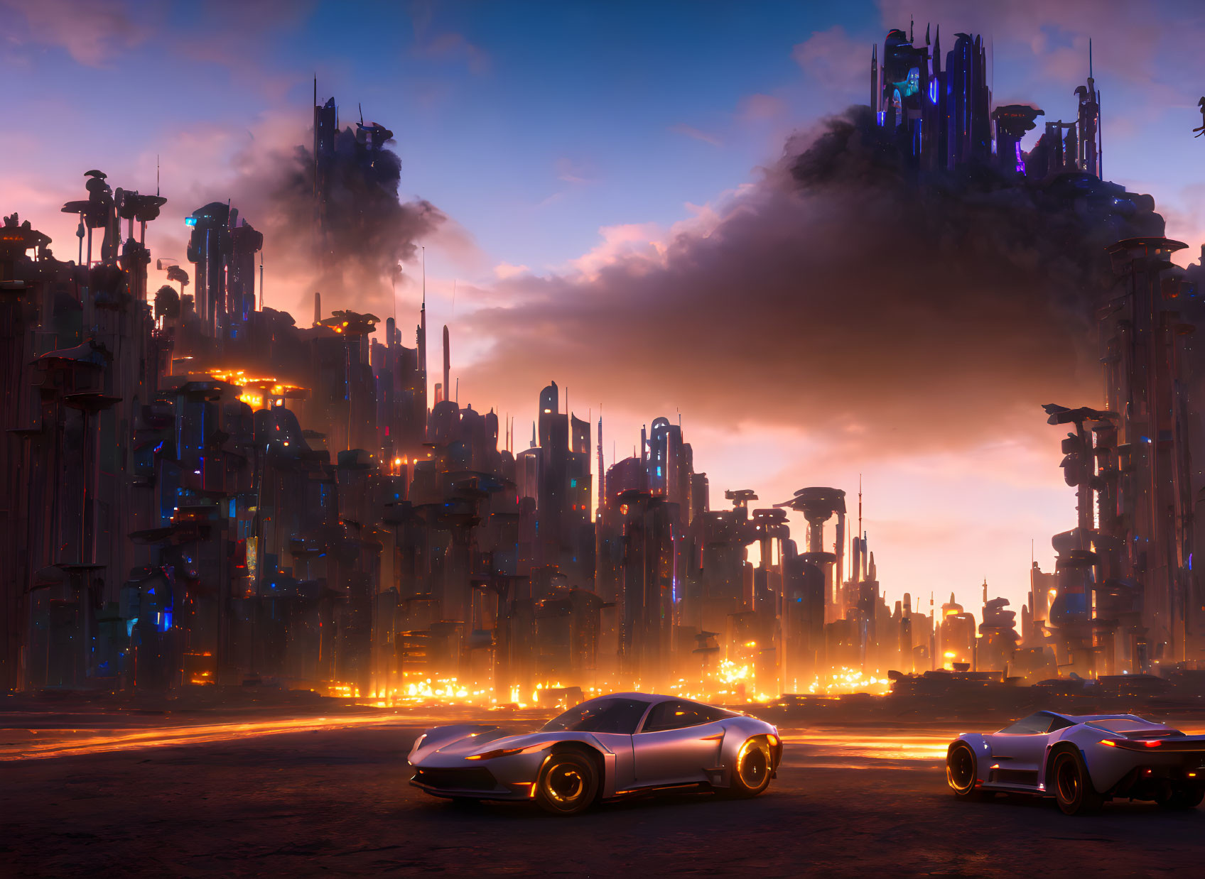 Illuminated futuristic cityscape at dusk with skyscrapers and sleek cars.