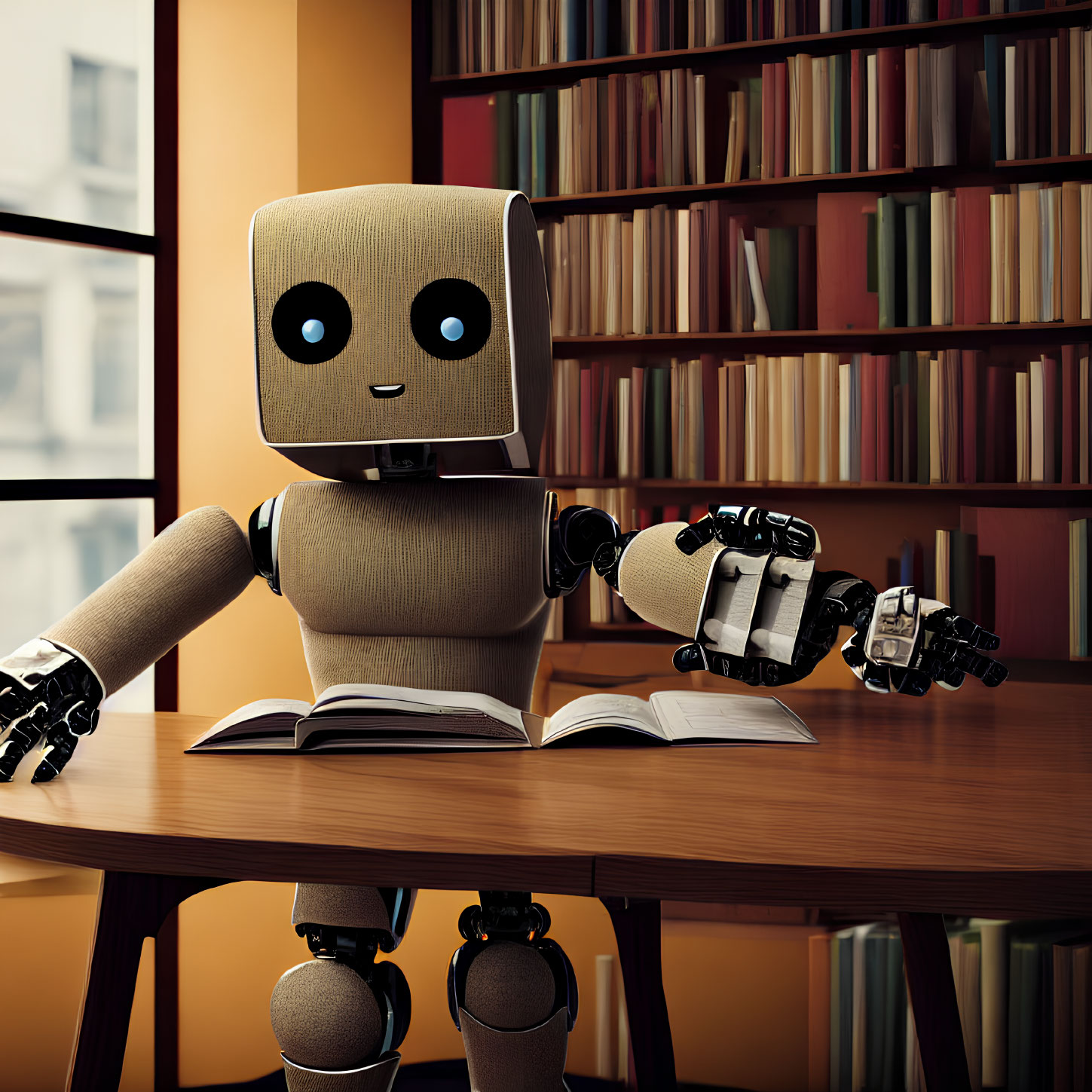 Humanoid robot reading book in room with bookshelves