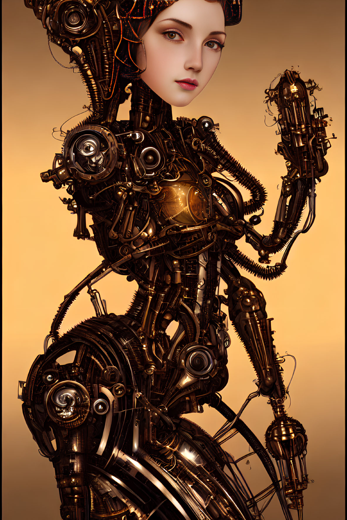 Female humanoid robot with intricate mechanical details on golden backdrop