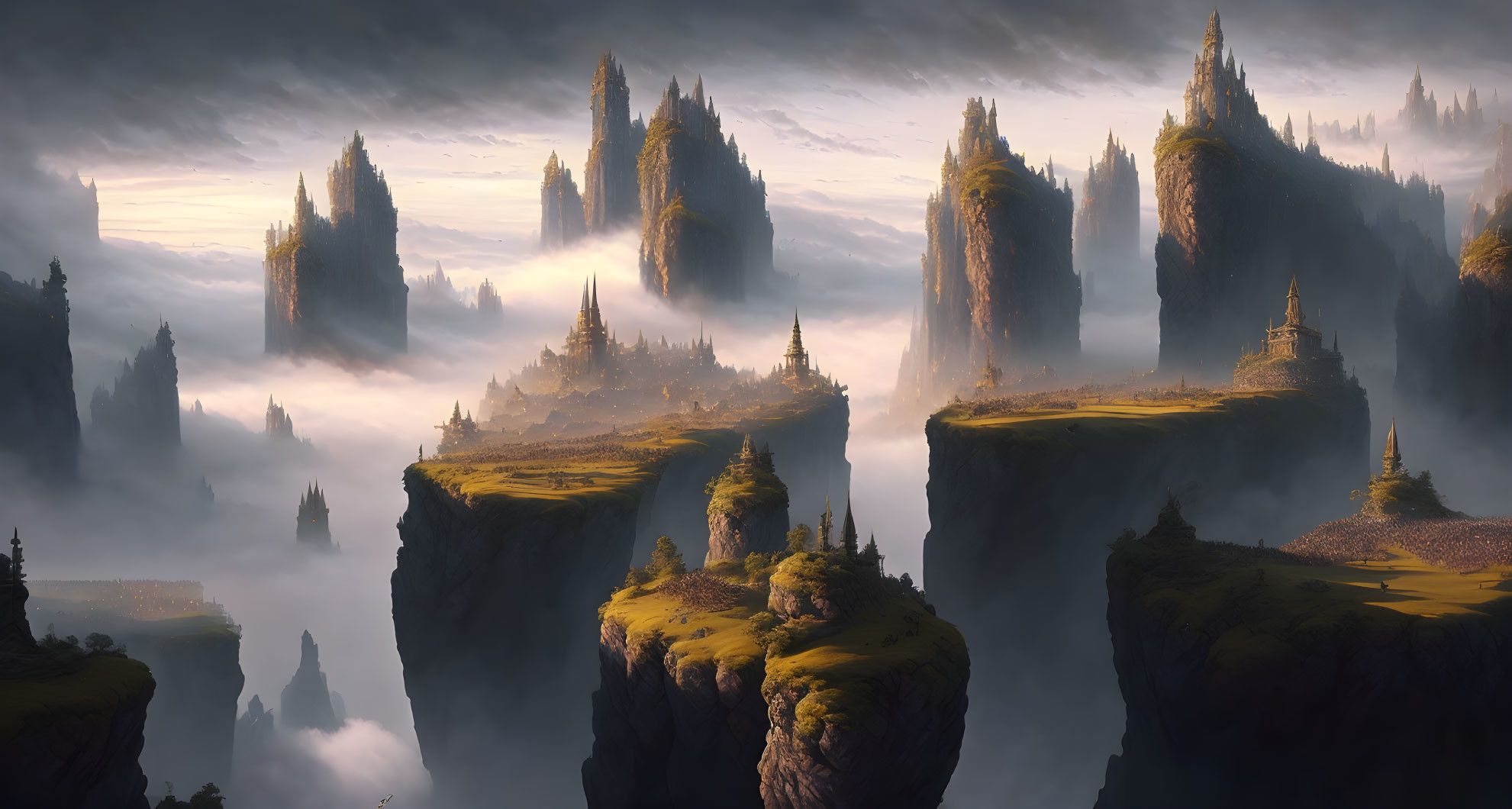 Mystical landscape with rock pillars, greenery, fog, castles, and dawn sky