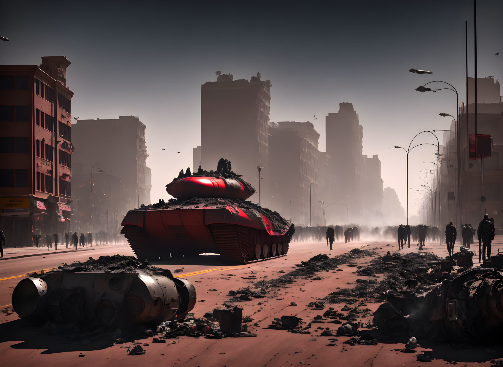 Dystopian cityscape with red tank, silhouetted figures, and debris