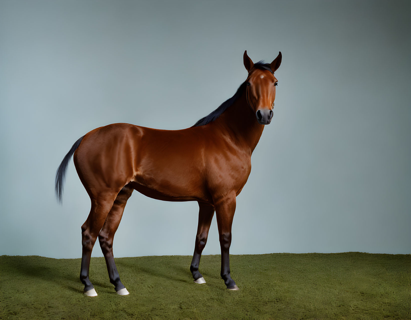 Chestnut Horse on Green Surface Against Blue Background