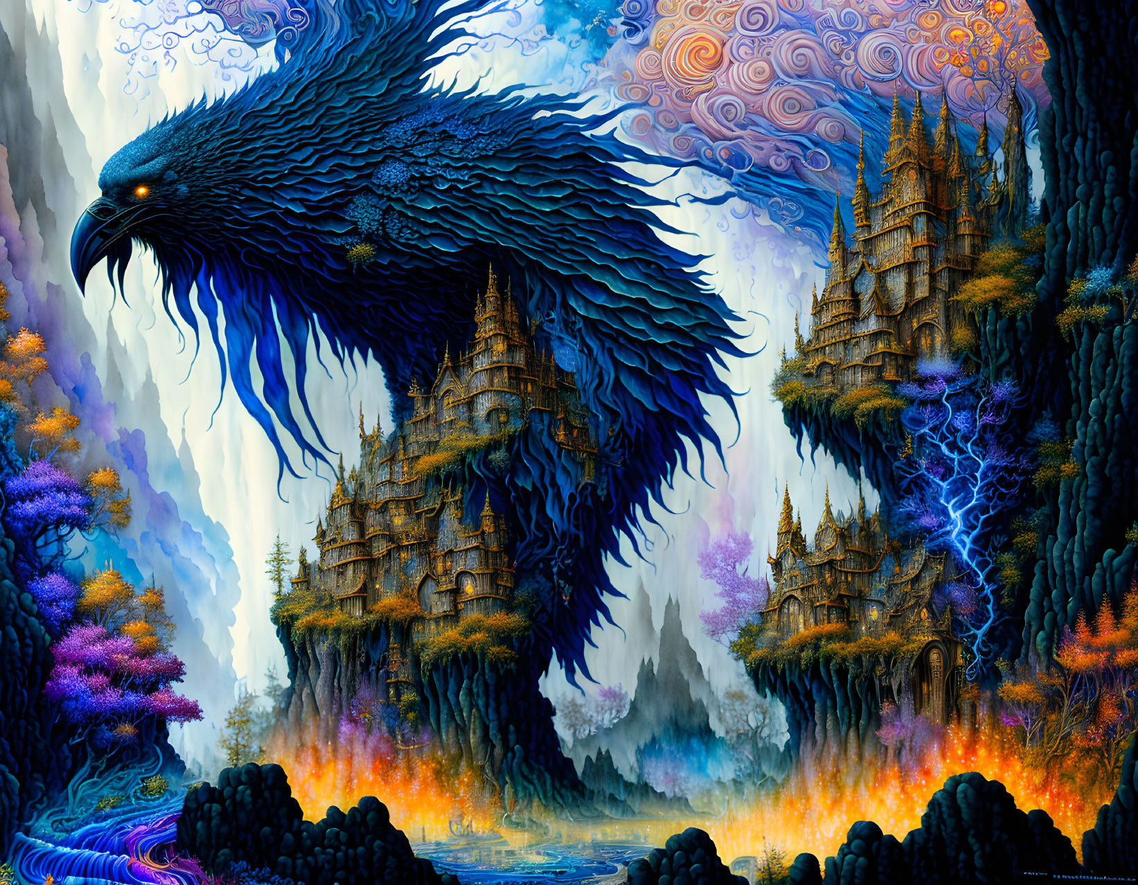 Enormous blue bird flying over fiery forests and mystical towers