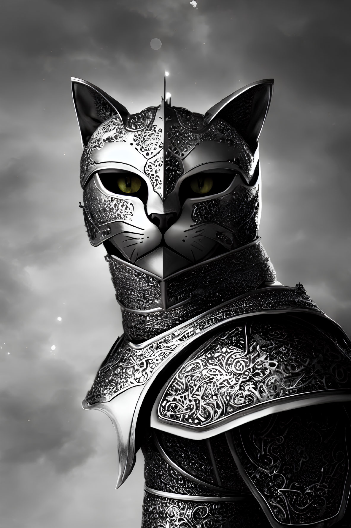 Armored cat digital art with intricate designs under cloudy sky