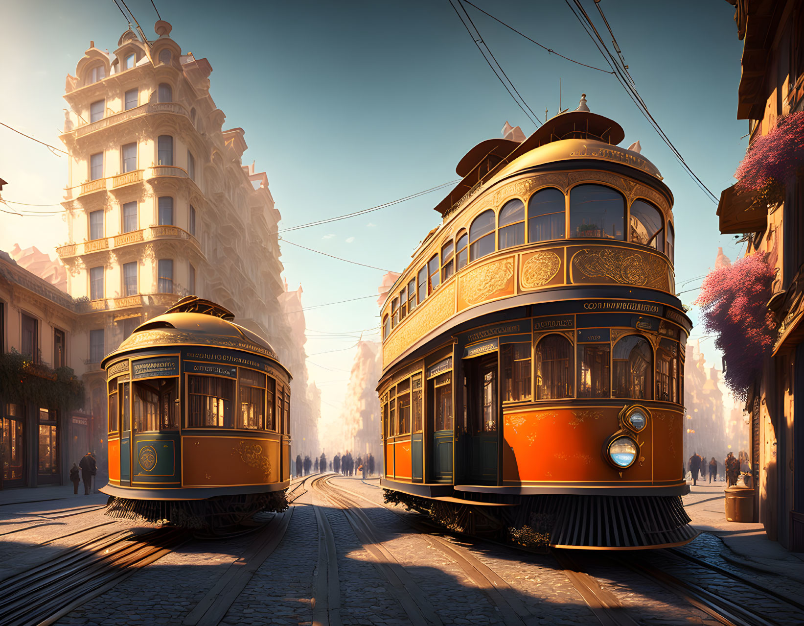 Vintage trams on cobblestone street with purple trees and ornate buildings