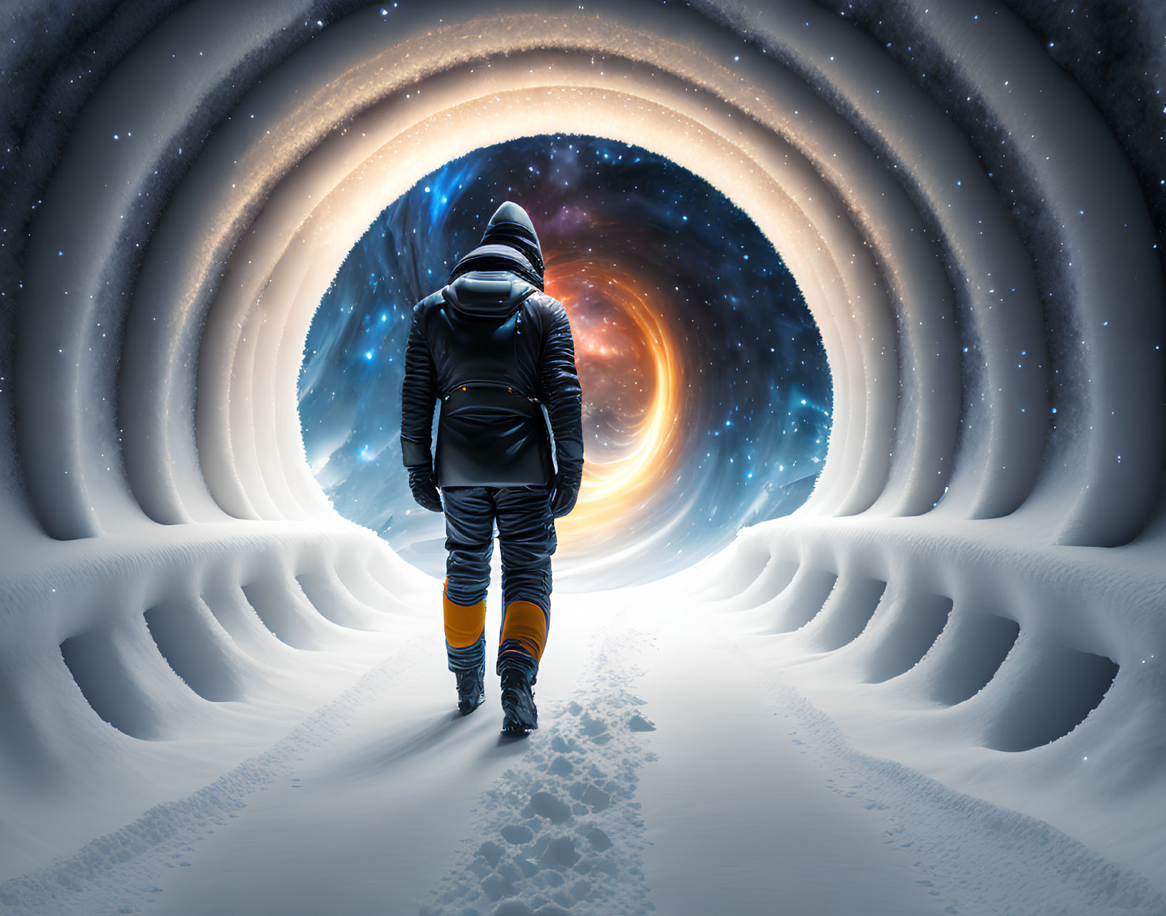 Person in spacesuit walks towards swirling vortex of stars in snowy landscape