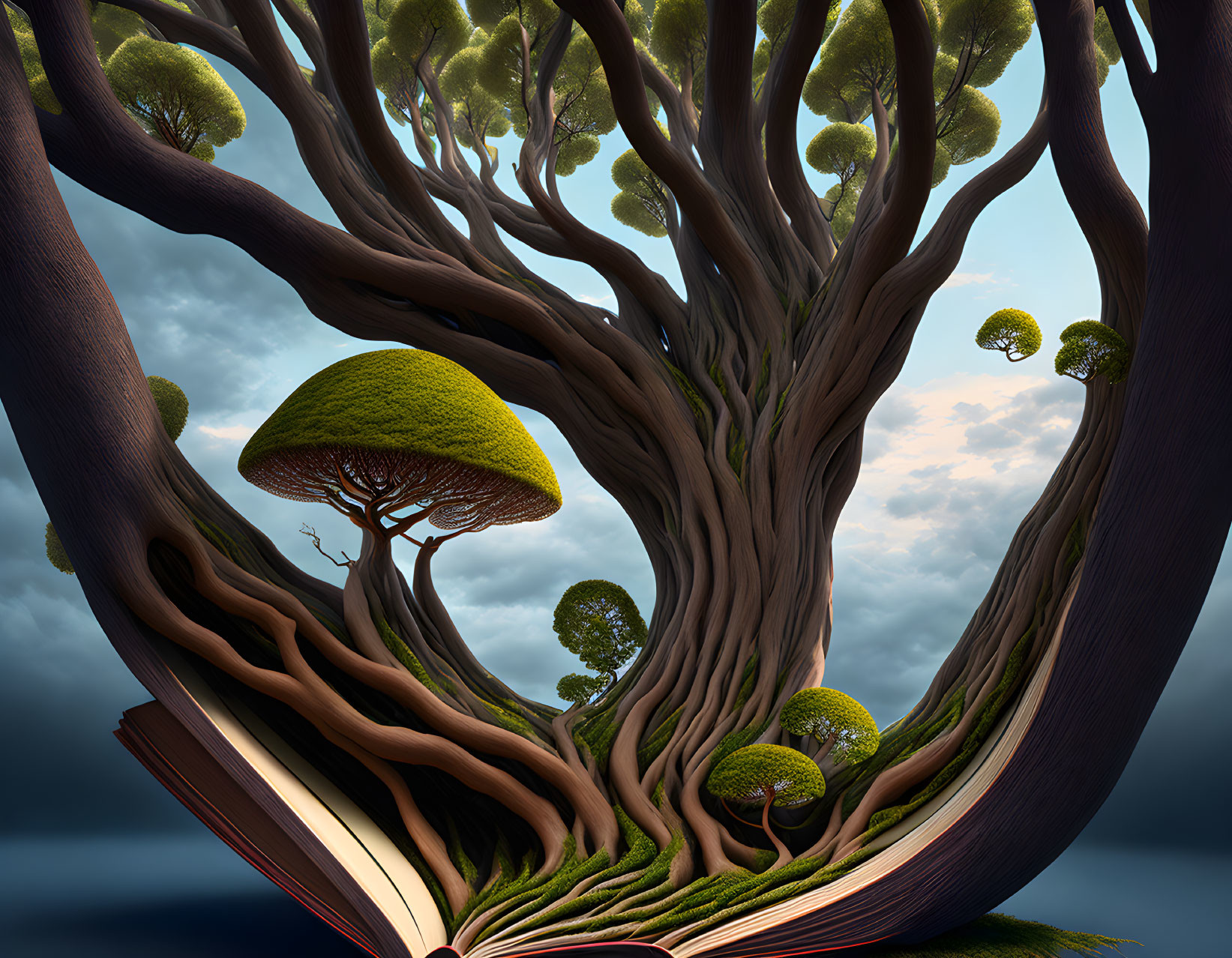 Open book transforming into vibrant tree with lush green canopies