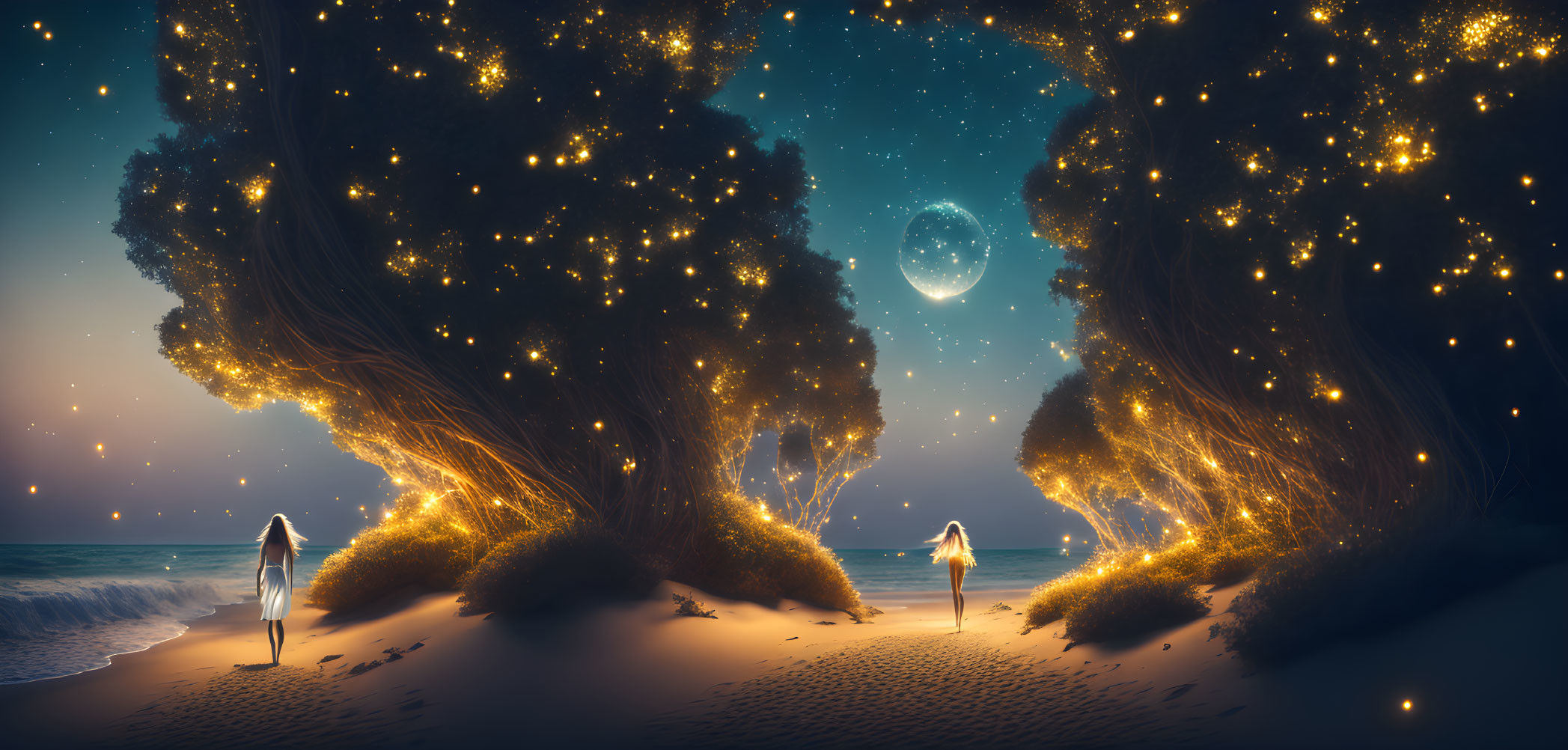 Nighttime beach scene with bioluminescent trees, moon, and two figures.