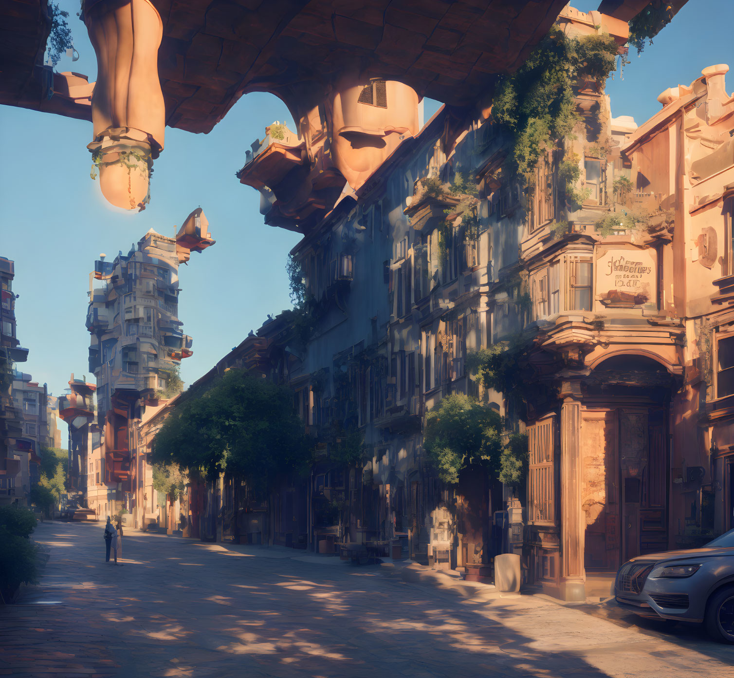 Ornate buildings on serene street under upside-down cityscape