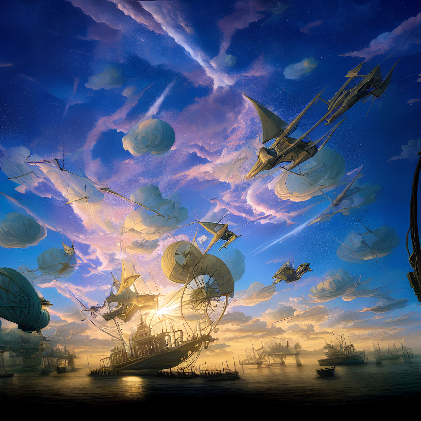 Flying wooden ships in surreal sky with swirling clouds at sunrise