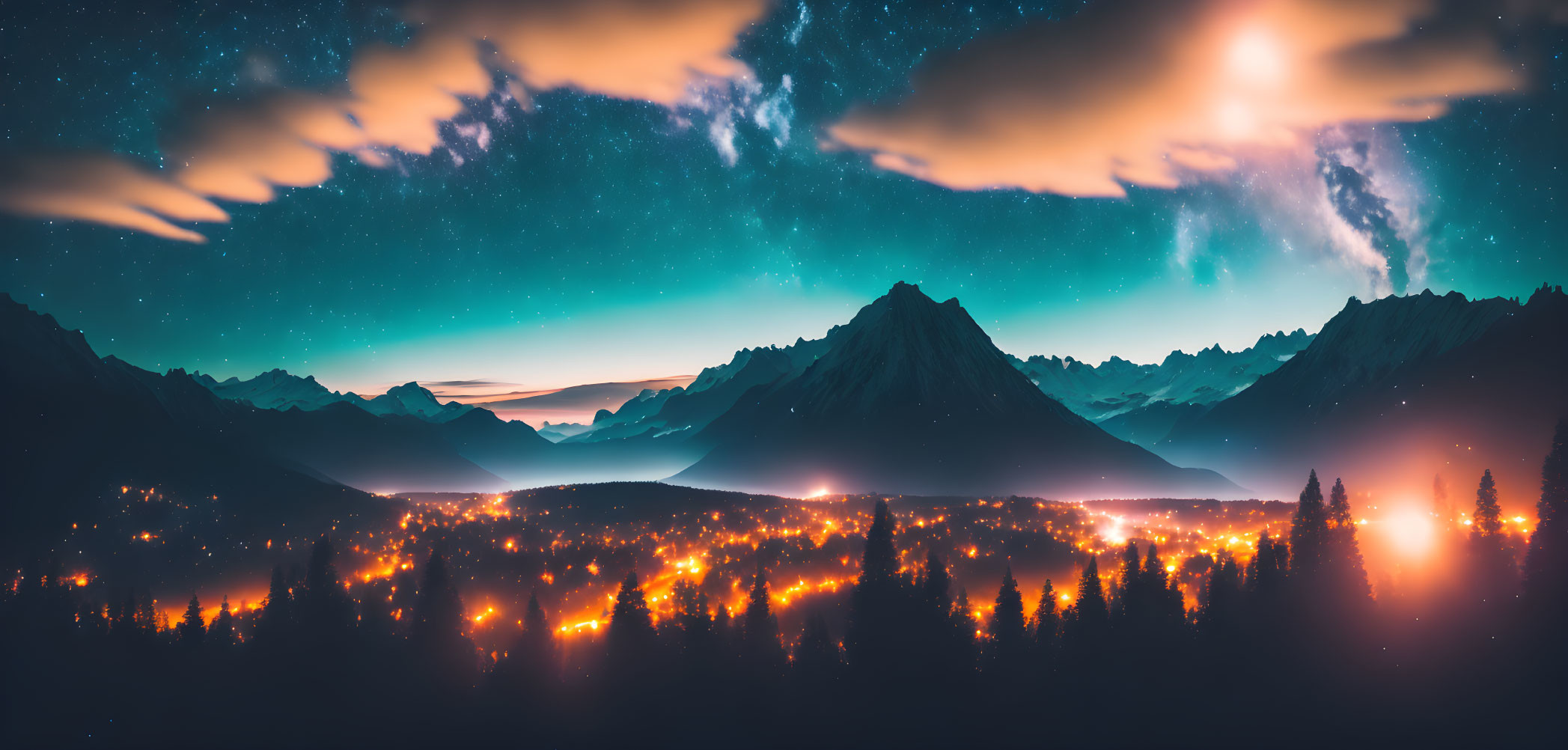 Mountain Range Night Sky Panorama with City Lights and Stars