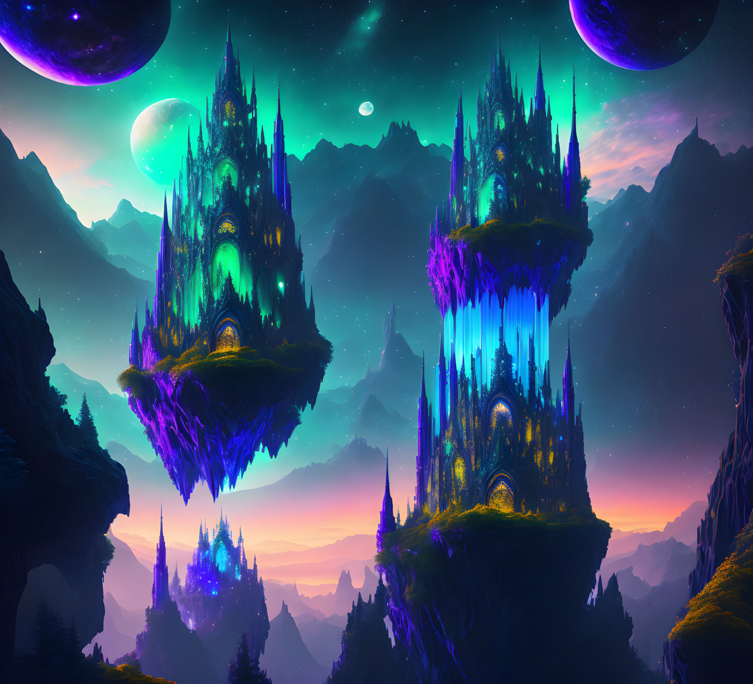 Fantastical landscape with floating islands and glowing castle-like structures.