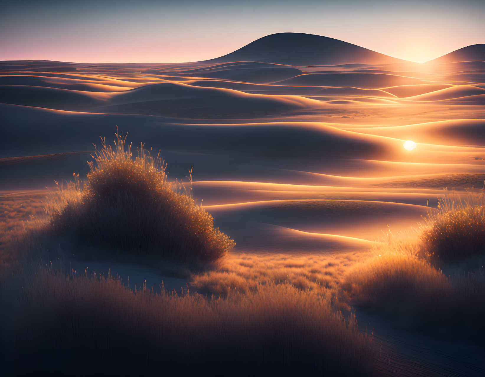 Tranquil sunrise over desert dunes with soft light and sparse vegetation