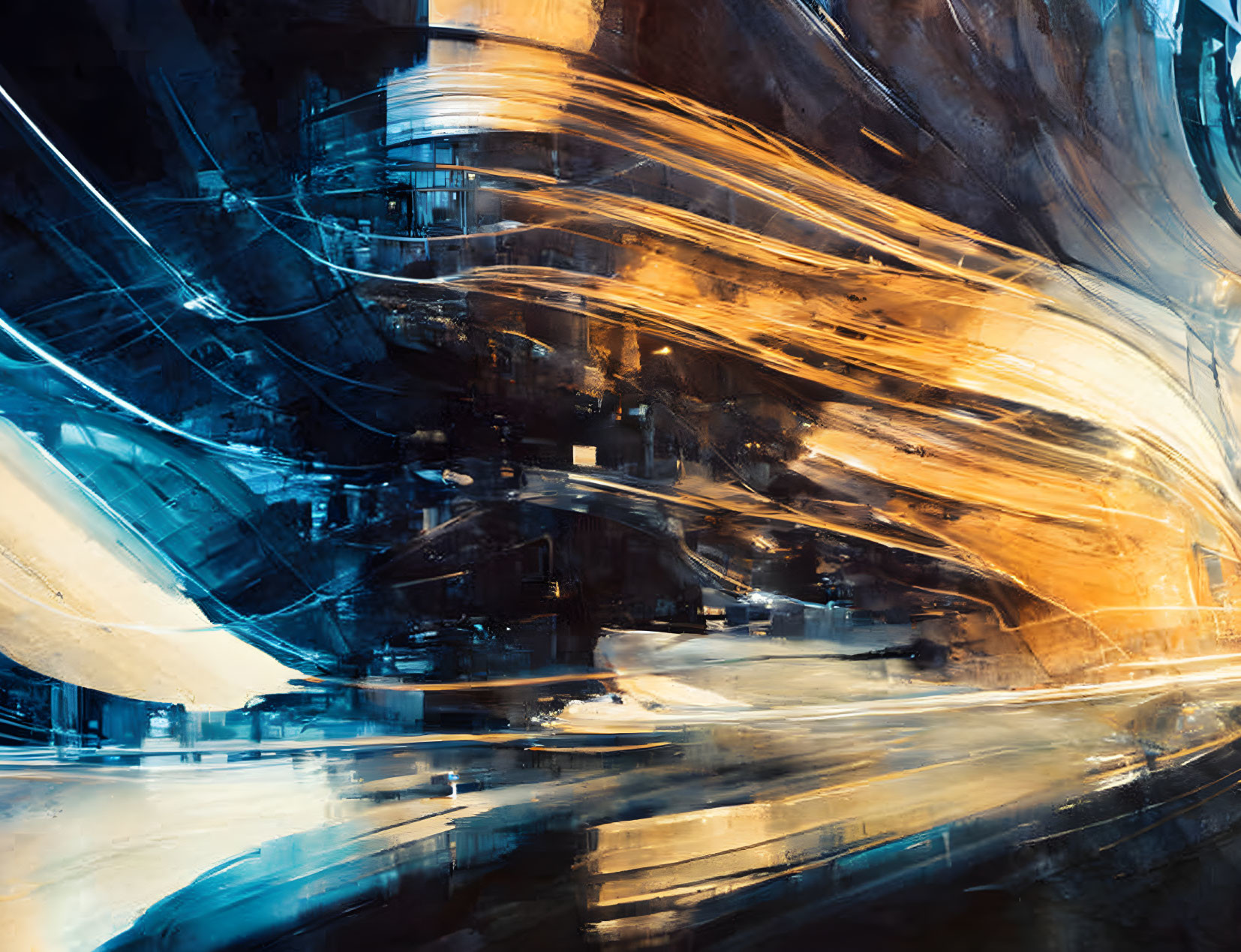 Swirling Blue and Gold Light Trails in Abstract Digital Art