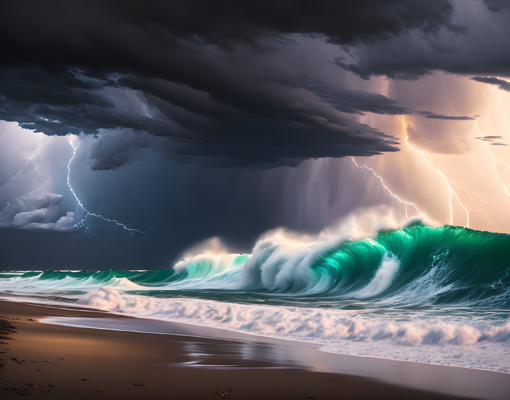 Stormy Ocean Scene with Large Cresting Wave and Lightning Strikes