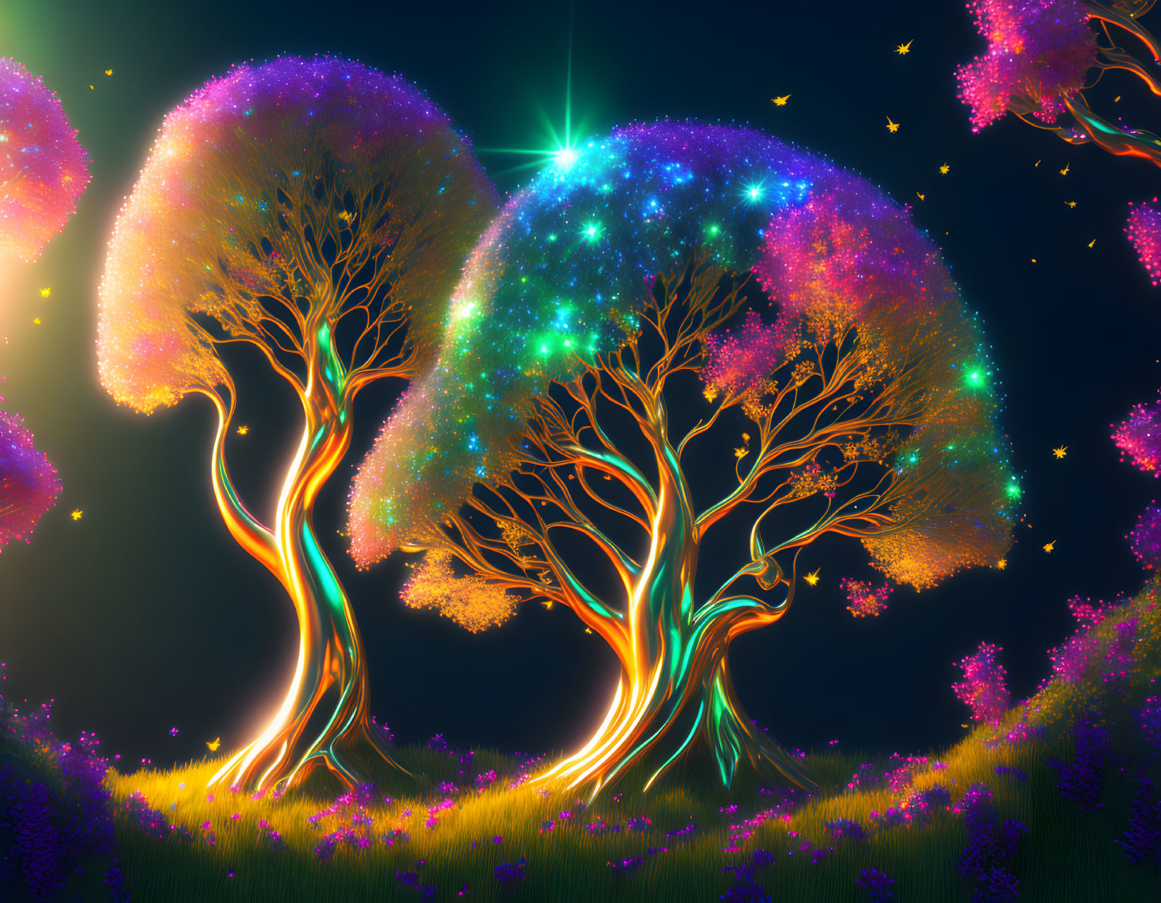Colorful digital art: Whimsical trees under starry sky