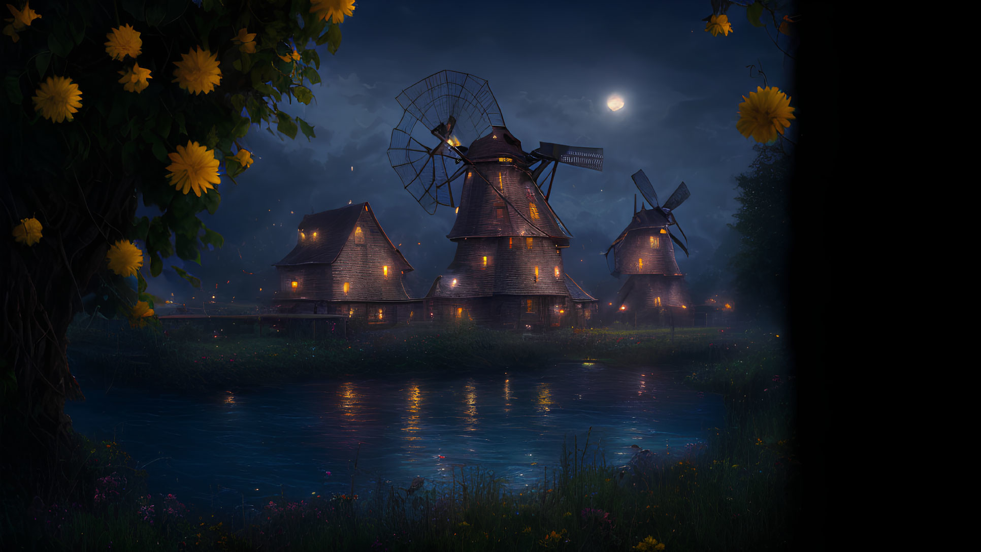 Tranquil night landscape with three windmills by river under moonlit sky