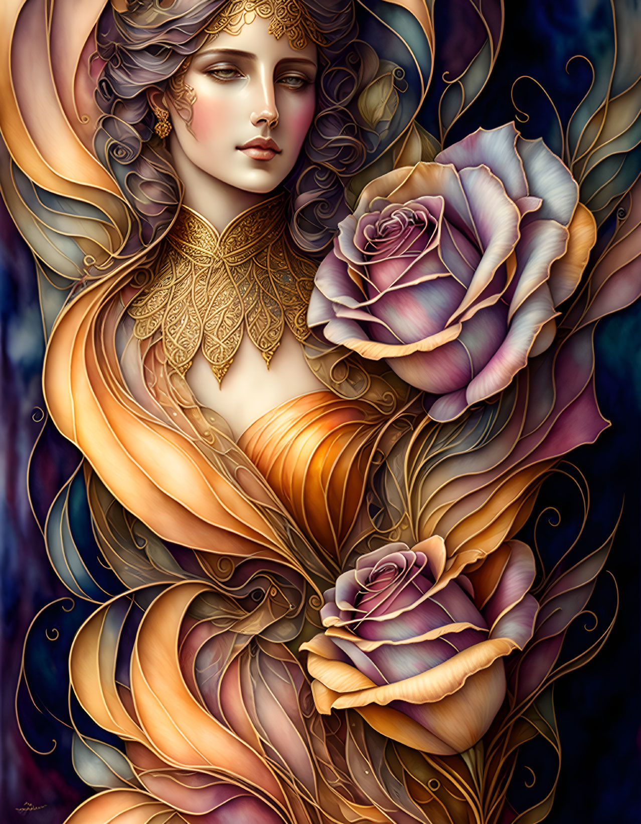 Stylized illustration of woman with golden jewelry among purple roses