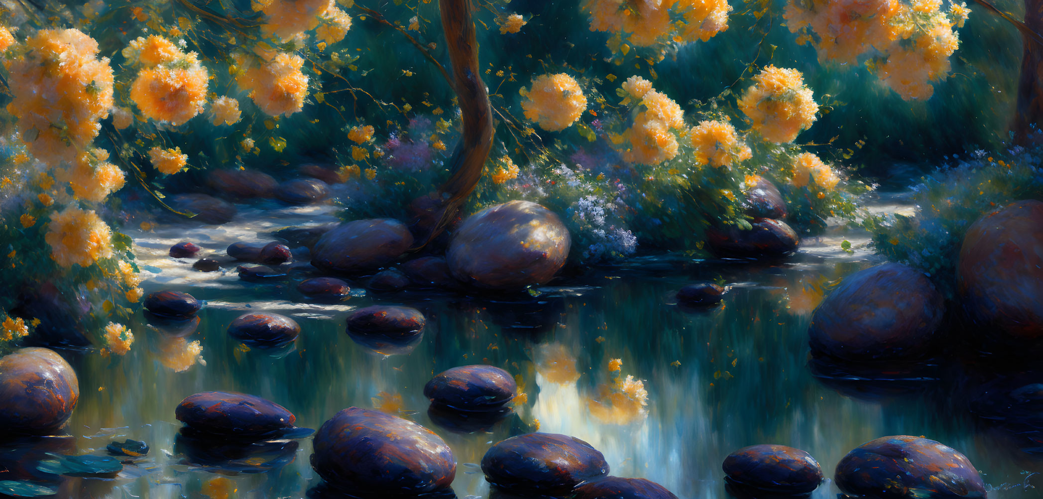 Tranquil pond with vibrant blossoms and dark stones