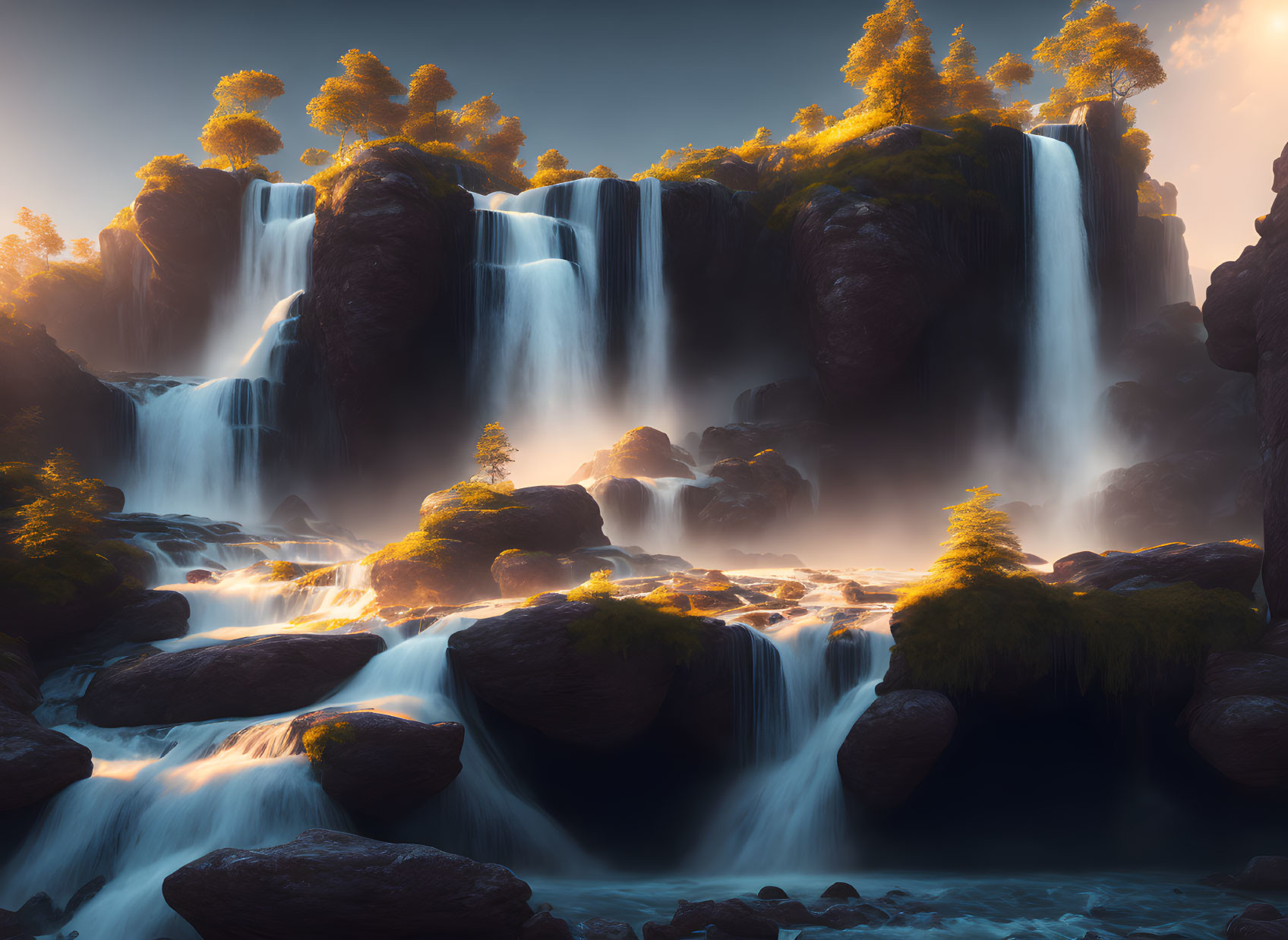 Scenic waterfall flowing over rocky cliffs in golden sunlight