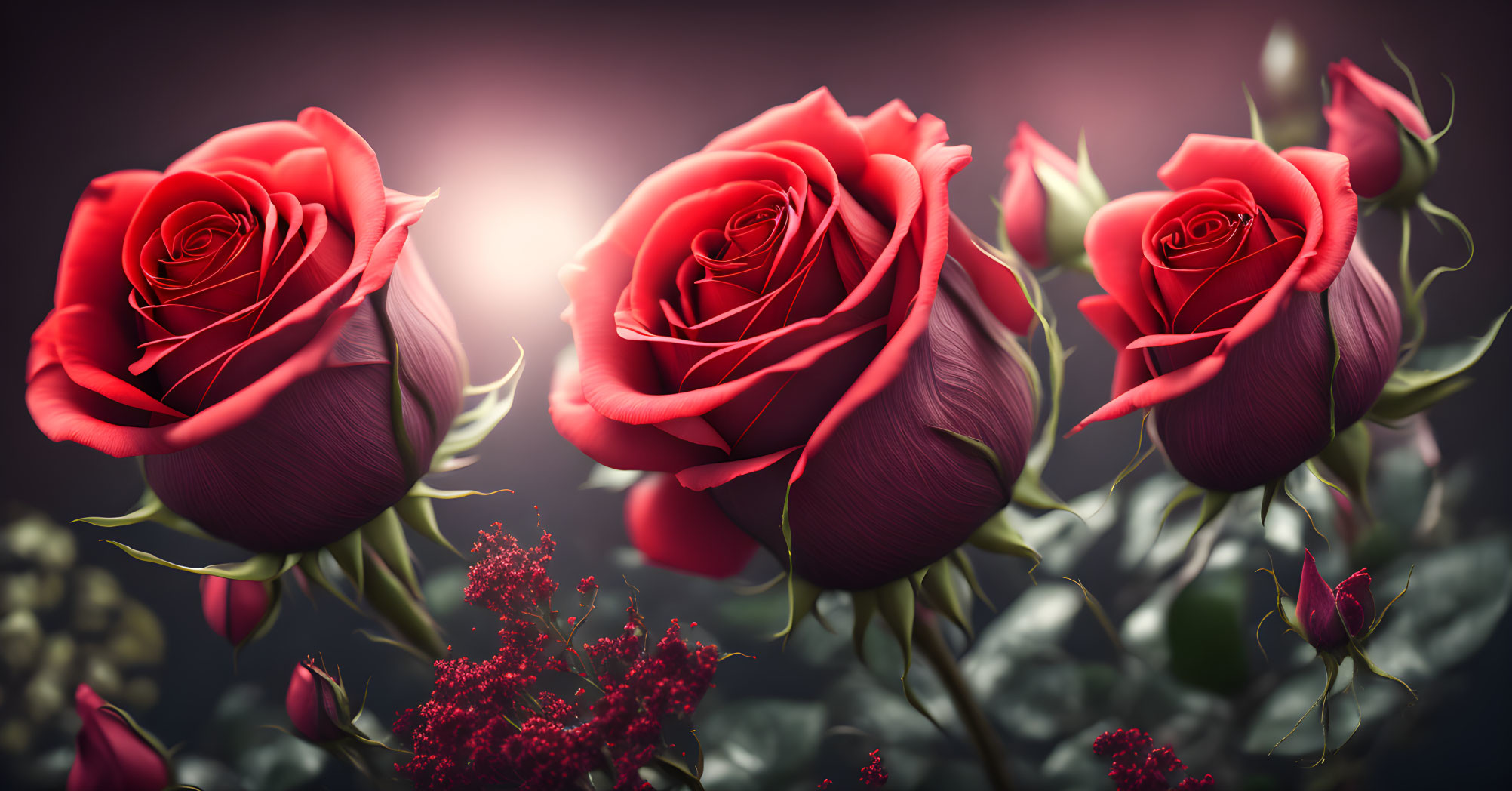 Three Vibrant Red Roses in Full Bloom with Dark Foliage