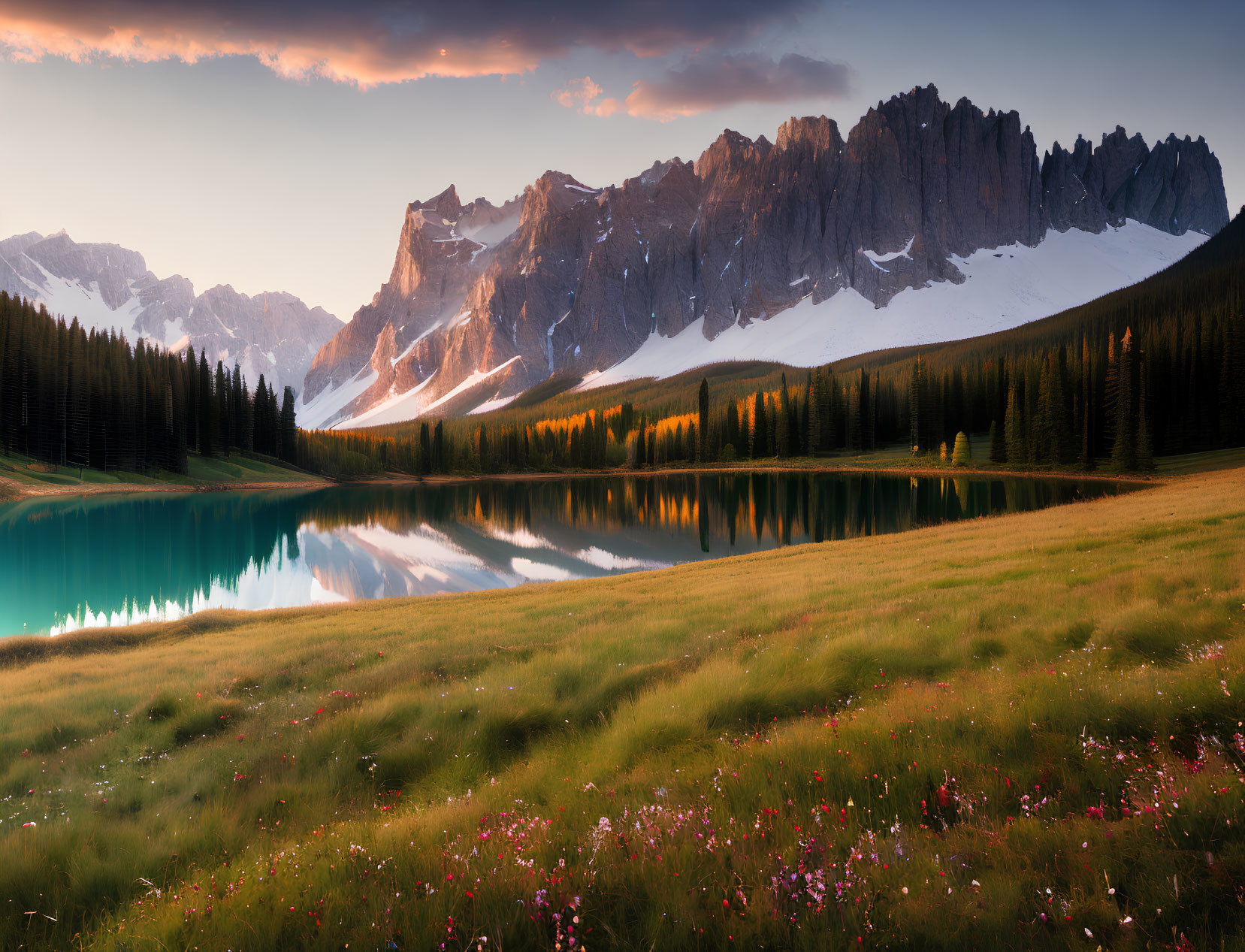 Tranquil sunrise mountain landscape with reflective lake