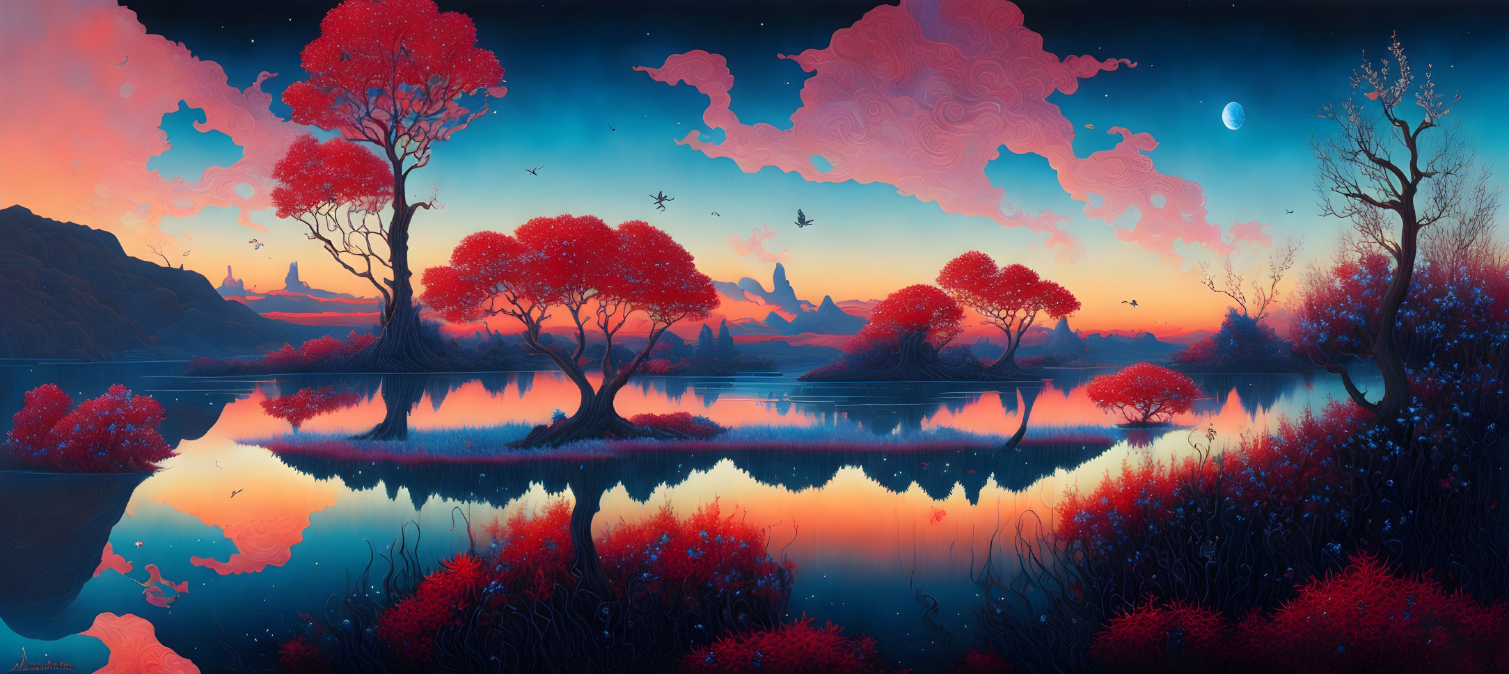 Panoramic twilight fantasy landscape with red trees, lake reflection, birds, hills, crescent moon