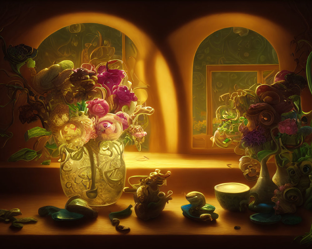 Moody still life with vibrant flowers and surreal peas