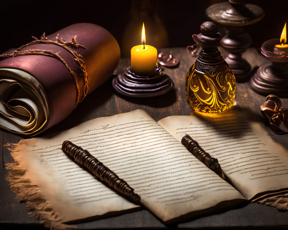 Vintage desk with open manuscript, quill, scroll, inkwell, and candles.