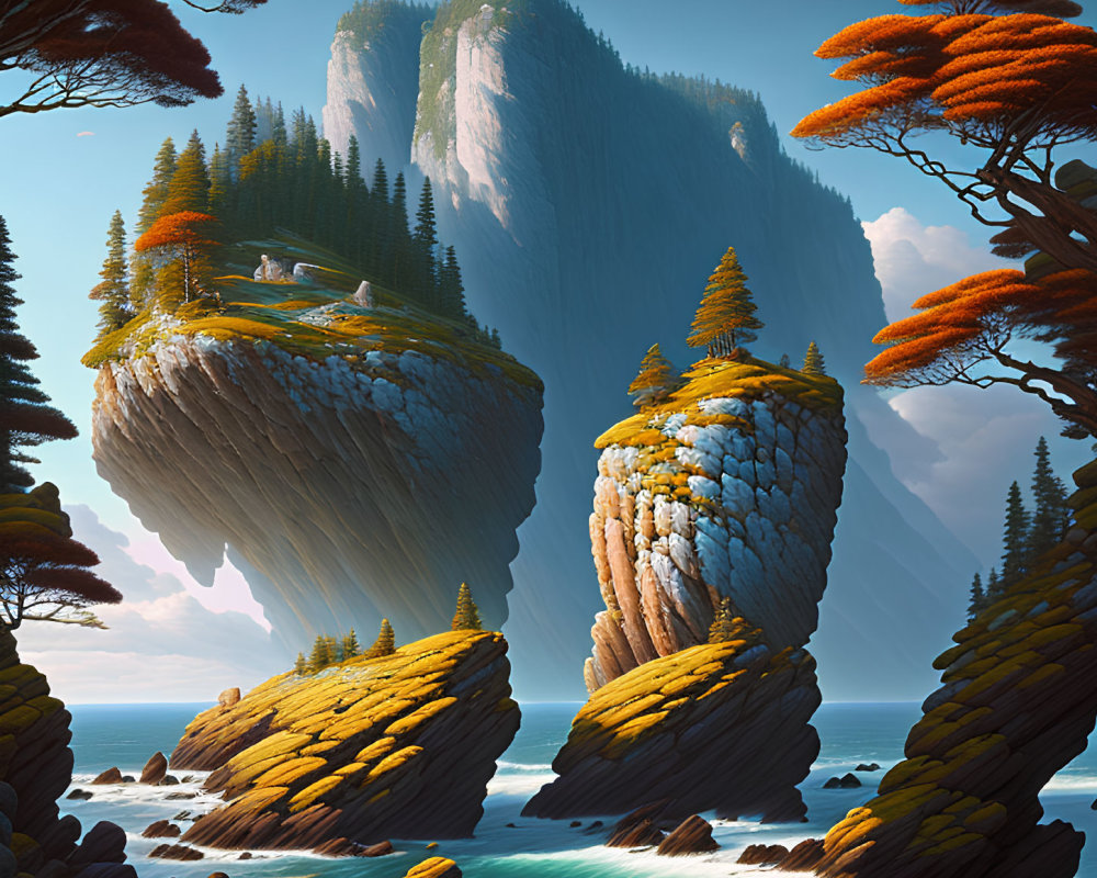 Fantastical landscape with towering cliffs and orange-leaved trees by turquoise sea