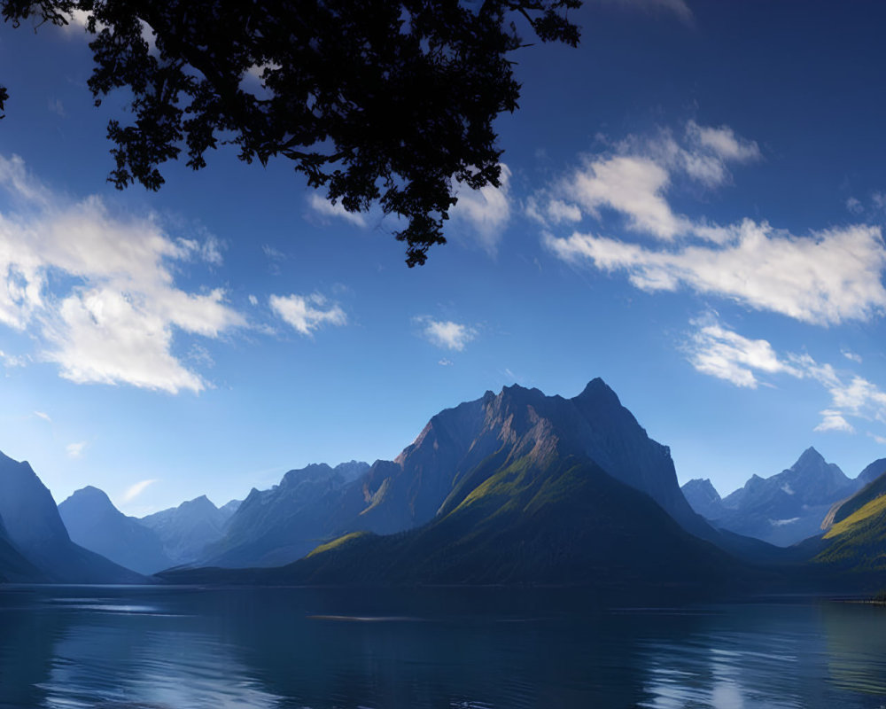 Mountainous Lakeside Sunset Landscape with Silhouetted Trees