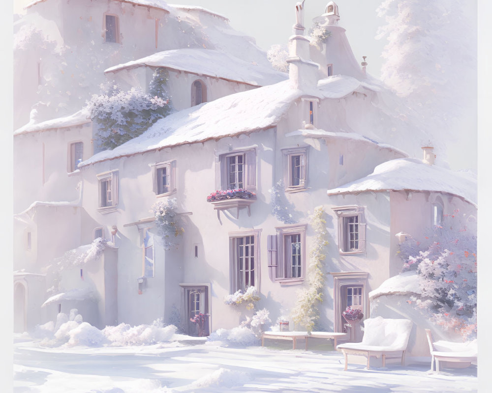 Snow-covered buildings in serene winter landscape.