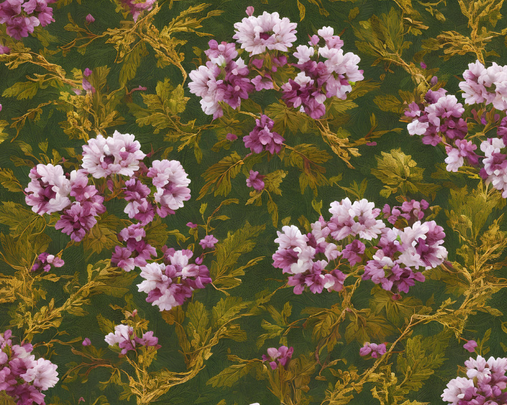 Pink Floral Pattern on Dark Green Background with Ornate Design