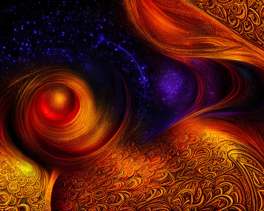 Colorful Abstract Cosmic Background with Swirling Red, Orange, and Purple Patterns