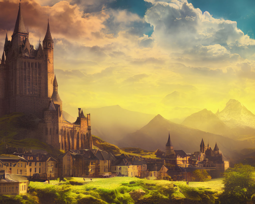 Majestic castle on hill with buildings, mountains, and golden sunset sky