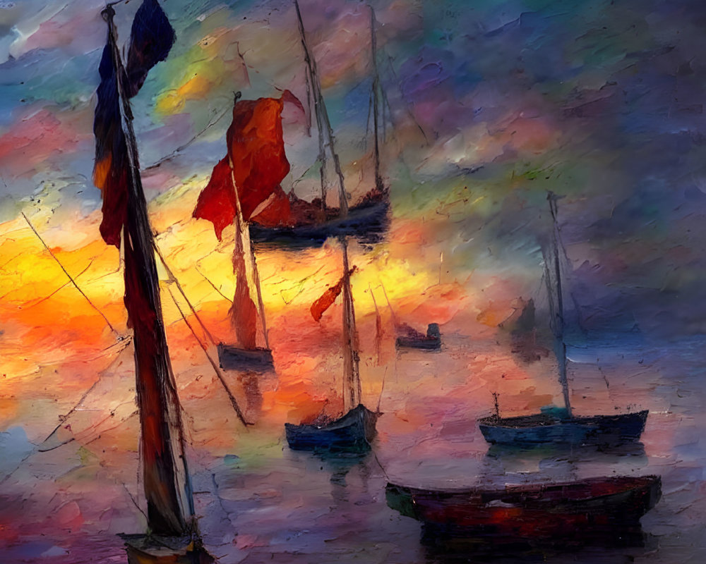 Vibrant Sailboats Painting with Dramatic Sunset Sky