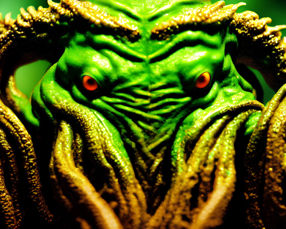 Detailed Close-Up of Green Tentacled Creature with Orange Eyes