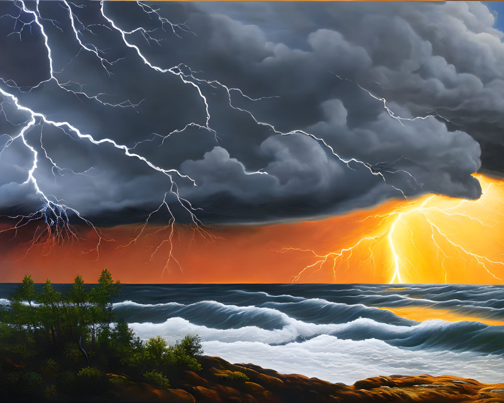 Stormy Seascape with Lightning Bolts and Fiery Sky