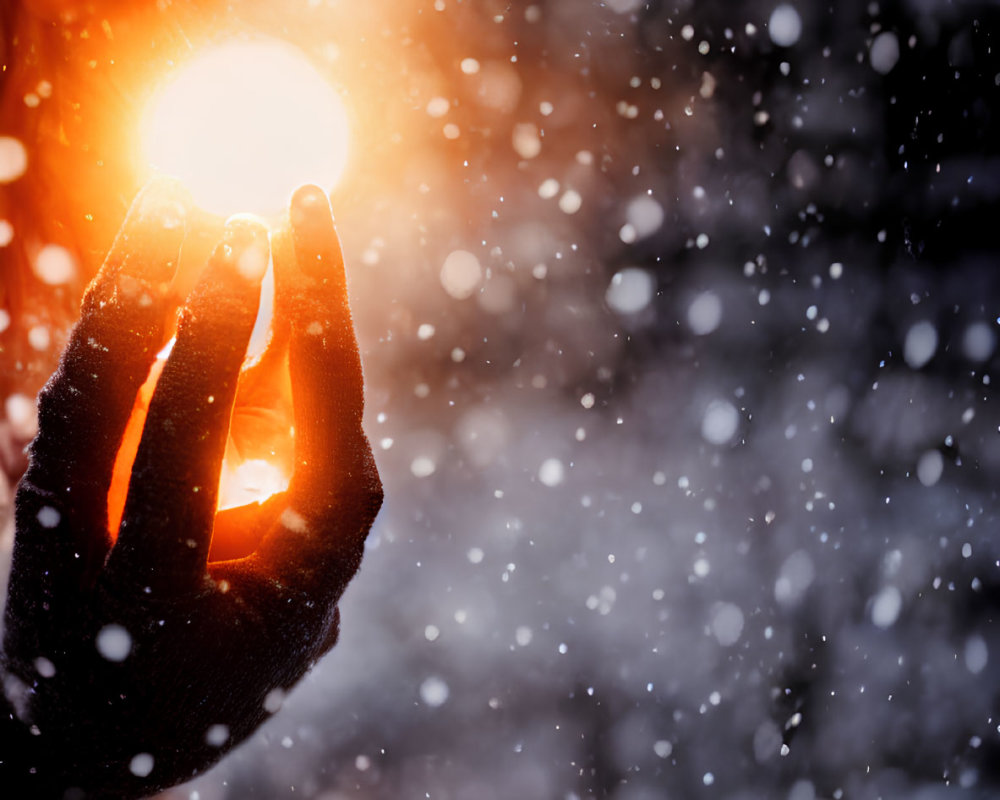 Person holding glowing orb in snowy winter scene with falling snowflakes