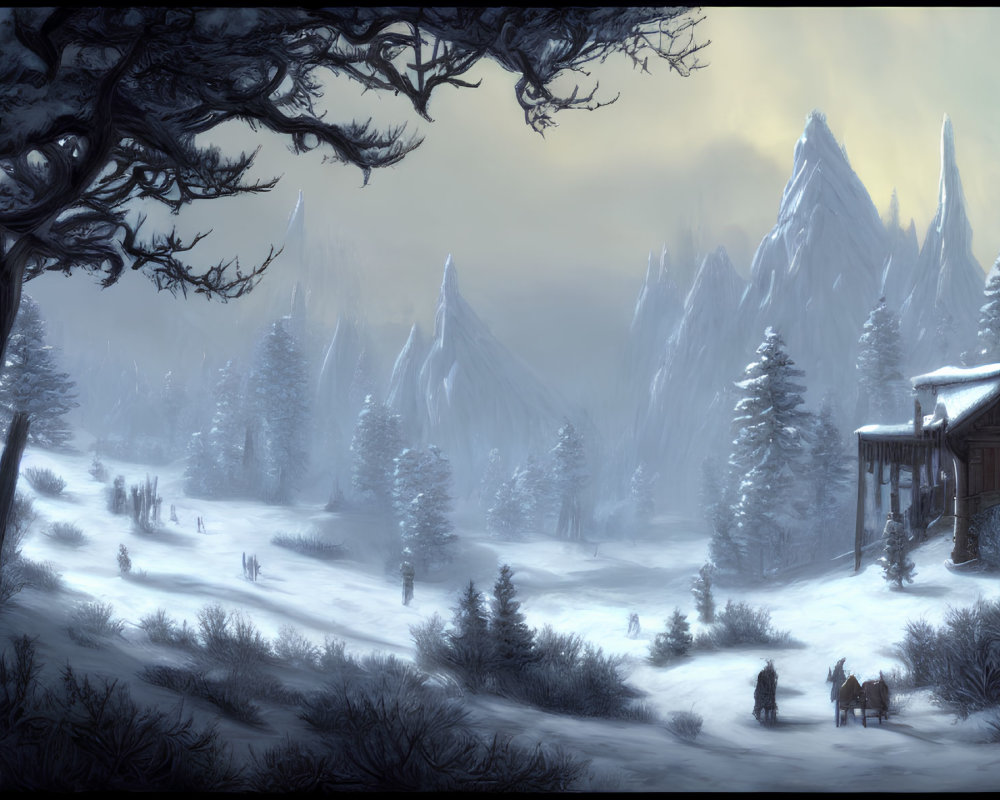 Snowy Mountain Landscape with House, Figures, and Dog at Twilight