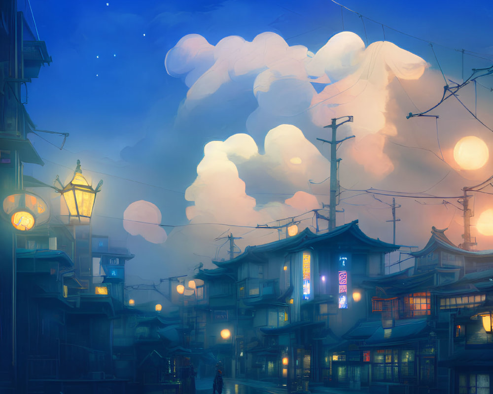 Traditional town evening scene with glowing lanterns, neon signs, solitary figure, and whimsical clouds.