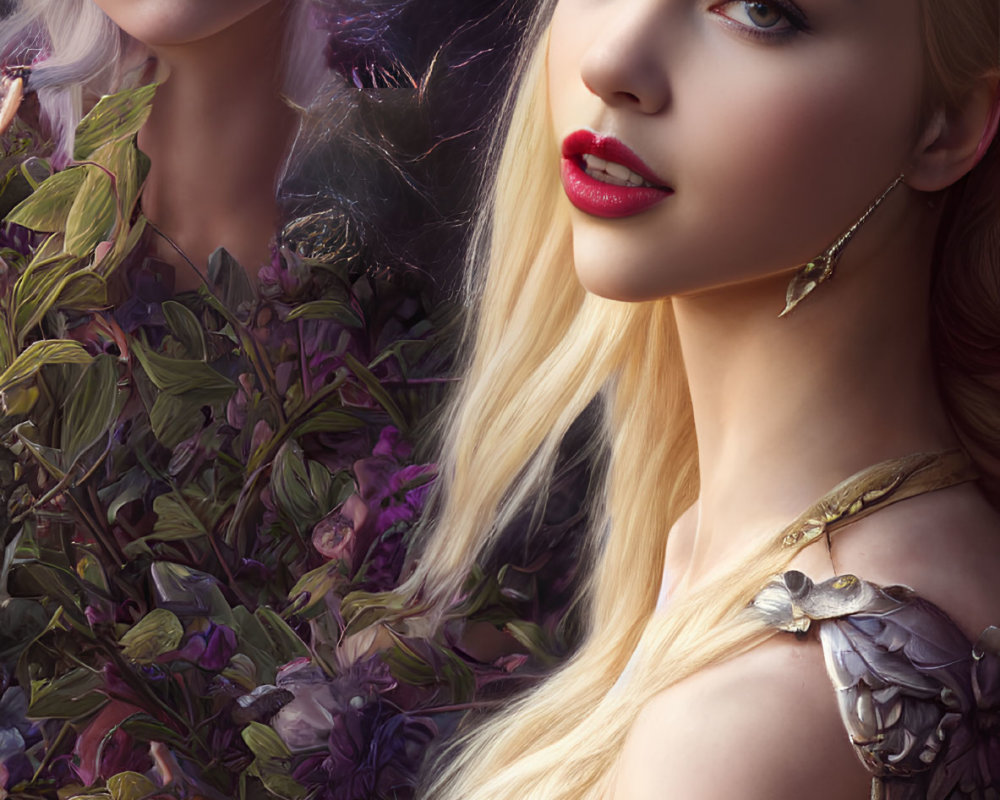 Digital artwork featuring two women with flowing blonde hair in a lush floral setting