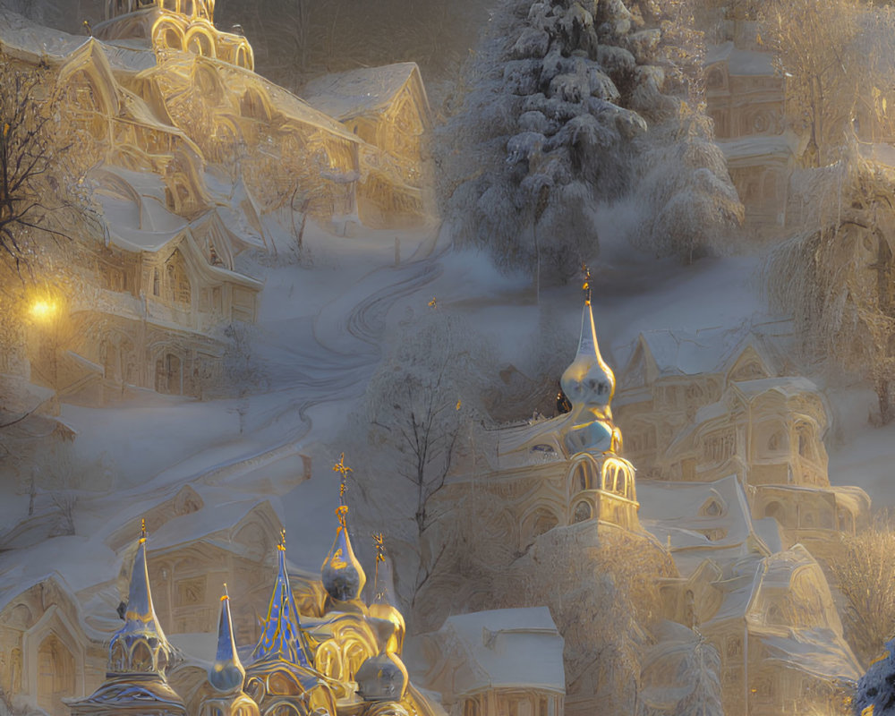 Snowy village at dusk with illuminated buildings and onion domes in a frost-covered setting