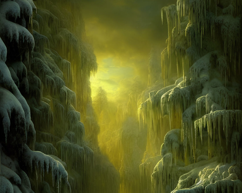 Mystical frozen landscape with towering icicles and warm golden light