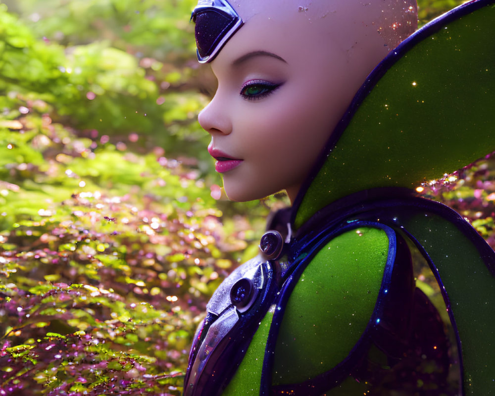 Futuristic female figure in shiny bodysuit with pointed ears against sparkling foliage