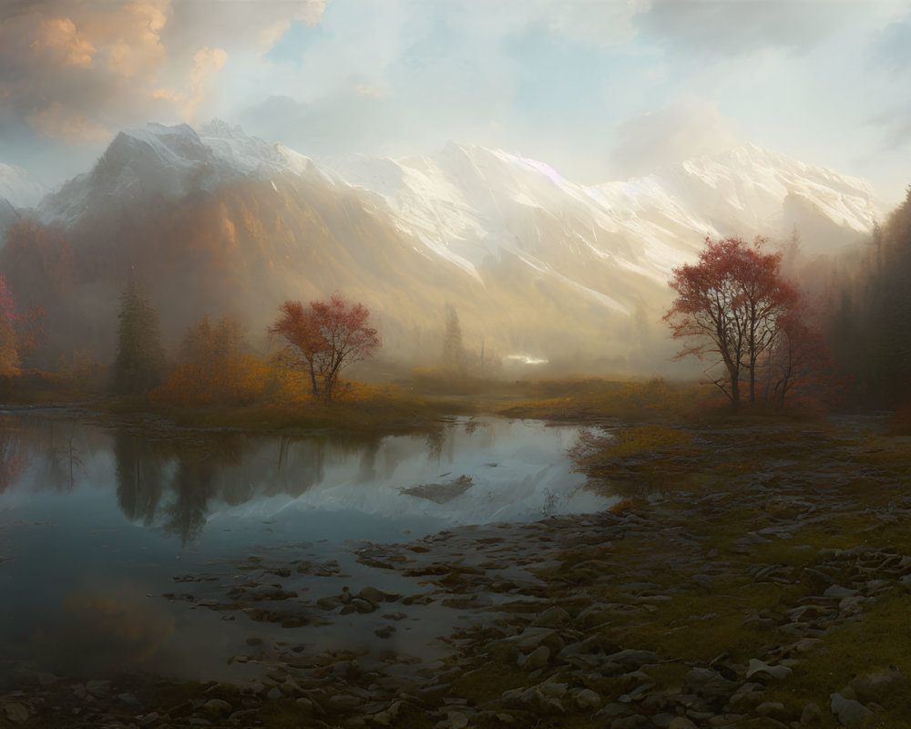 Autumn Trees & Snowy Peaks in Mountain Landscape