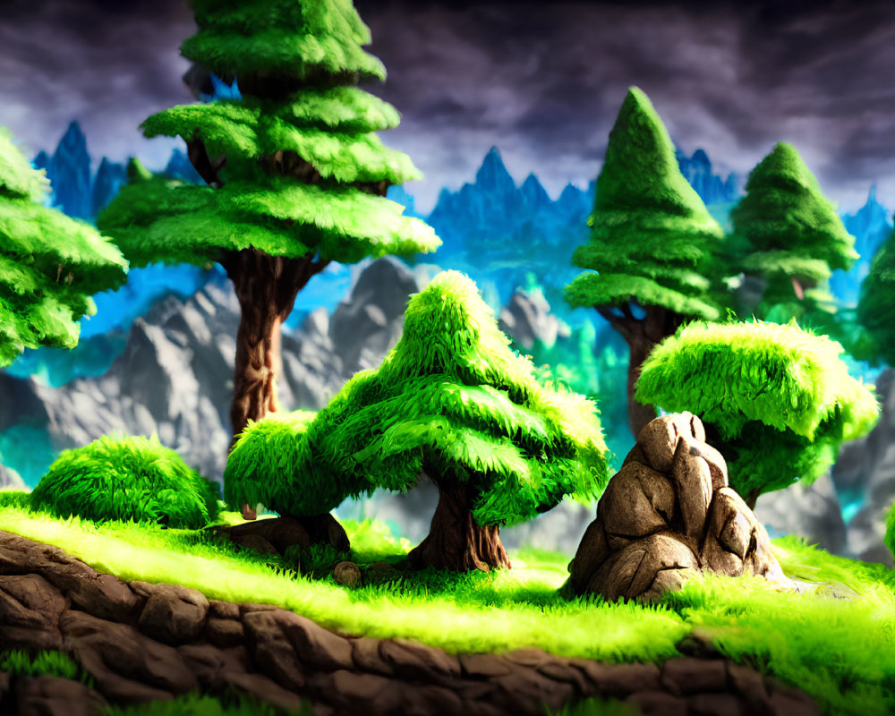 Stylized forest scene with lush green foliage, grassy terrain, rocky mountains, and dynamic cloudy