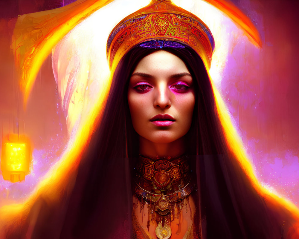 Dark-haired woman with glowing headdress and golden jewelry on amber background.