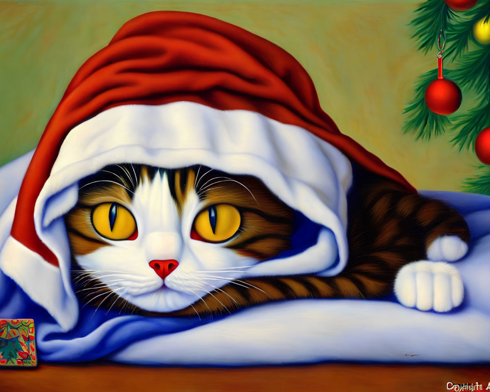 Tabby cat with yellow eyes in Santa hat under blanket with Christmas decor